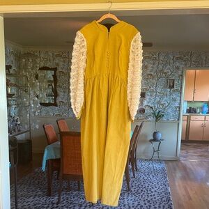 Elegant Chartreuse Yellow Vintage Lorrie Deb Dress with Cream Lace Sleeves